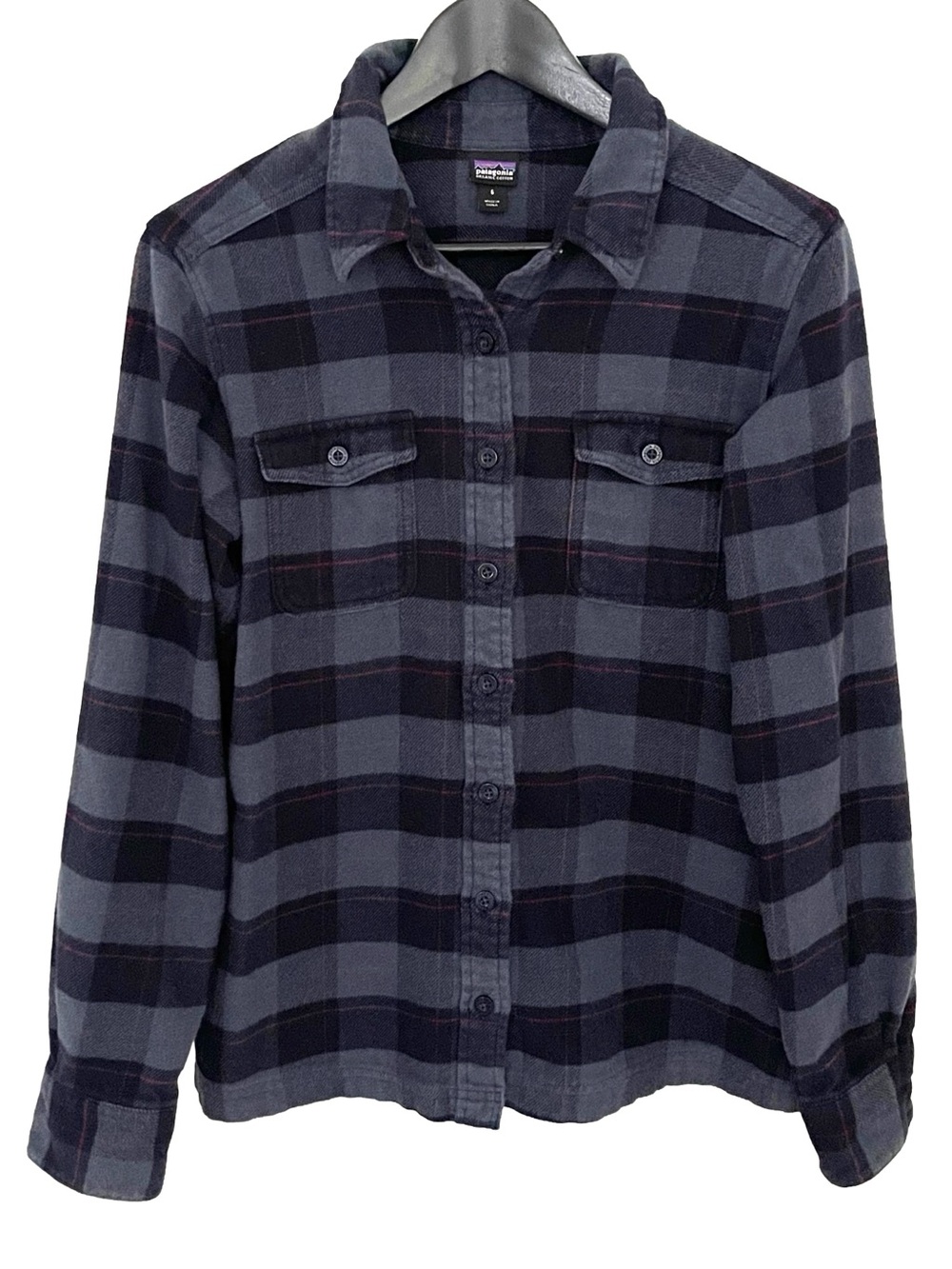 Patagonia Women’s Long-Sleeved Fjord Flannel Shirt Boxwood Plaid Navy Blue 6